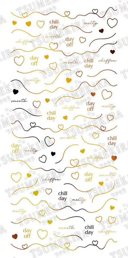 Decorative pattern featuring wavy lines, hearts, and text describing various emotions and moods, such as "chill day", "day off", and "melty".