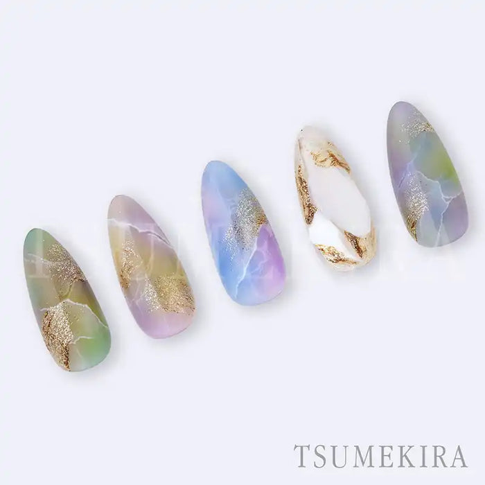 Elegant Japanese nail art stickers featuring a natural stone cracked effect in a range of pastel hues and metallic accents, highlighting the Tsumekira MAKI × ROND CRACK NN-MAK-003 Shopify product.