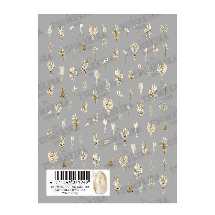 Elegant, delicate Japanese nail art stickers featuring a variety of white dried flower designs, perfect for adding a touch of natural beauty to your nails. The stickers measure 88mm x 150mm and come on a sheet size of 88mm x 120mm, providing ample coverage for a stunning, Tsumekira SAKI CHIBA × WHITE SWAG NN-SAK-103 manicure.