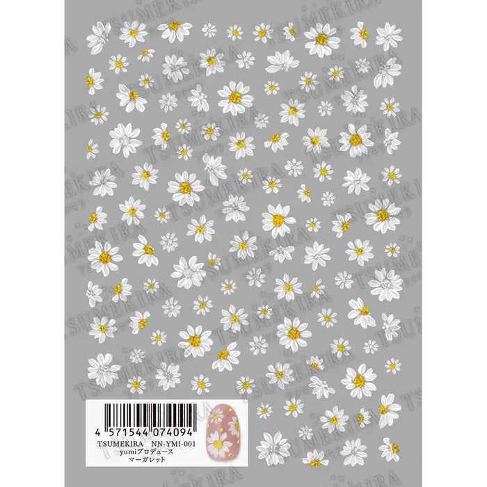 Intricate white daisy floral pattern on a pale grey background, showcasing the beautiful Japanese nail art stickers from the TSUMEKIRA YUMI × MAGARET collection, perfect for adding a touch of delicate, seasonal elegance to any nail design.