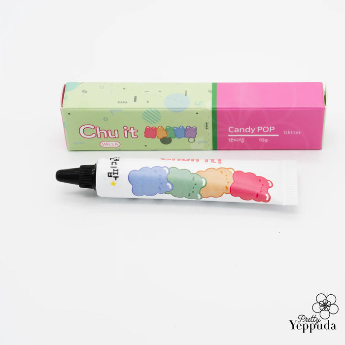 Colorful and playful 3D deco gel set featuring an assortment of vibrant neon glow-in-the-dark and glitter-infused tubes in a variety of fruit-inspired shades, perfect for adding a fun and whimsical touch to any Shopify product page or display. VALLA Chu It 3D Deco Gel Set, Shopify, VALLA.