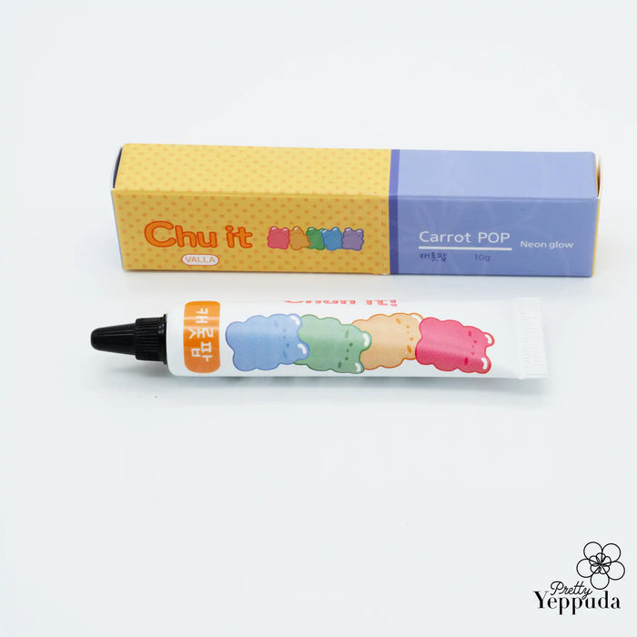 Image of a colorful product box and tube gels from the VALLA Chu It 3D Deco Gel Set, featuring a variety of neon, glitter, and fruit-inspired shades.