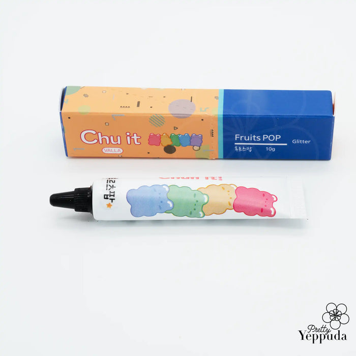 Vibrant 3D deco gel set with assorted fruit-themed colors and glitters, including peach, neon pink, lime, neon lime, carrot, neon orange, berry, tropical, and unicorn-inspired shades, packaged in a playful, eye-catching Chu It box design.