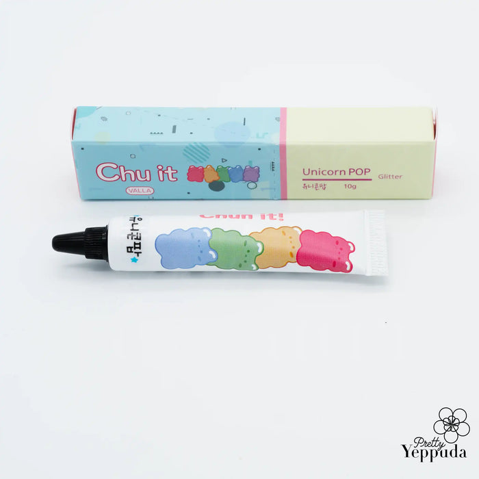 Vibrant and whimsical 3D deco gel set with an assortment of peach, neon, and glitter shades in a compact tube packaging, showcasing the playful and unique VALLA Chu It product line.