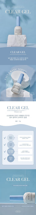 Detailed promotional banner for VALLA Clear Gel showcasing the product features and application instructions on a serene blue backdrop. Highlights the gel’s benefits for nail health and beauty, displayed in a clear and informative layout.