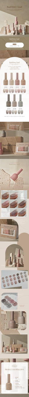 Elegant presentation of the VALLA Earl Grey Leaf nail polish collection, featuring an array of muted tones from pink to gray. The display includes several bottles on a natural textured background, complemented by close-up views of the nail polish shades and their corresponding codes."