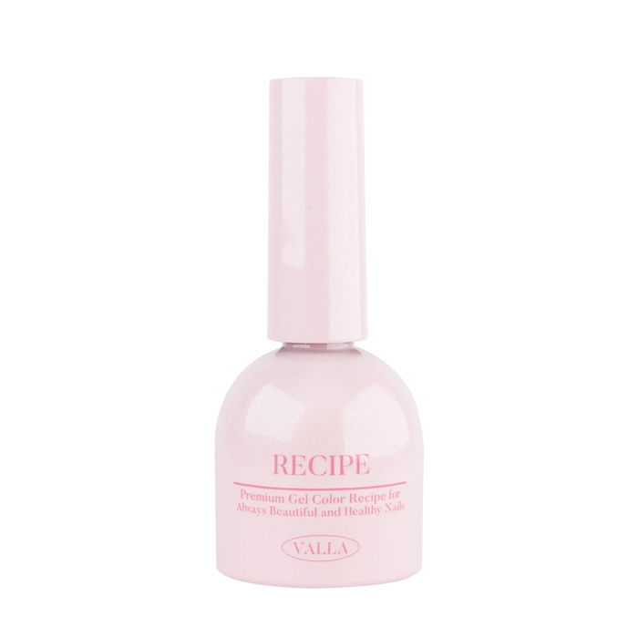 Elegant pink nail polish bottle from VALLA's Byulling Byulling Collection, featuring a frosted glass design with soft rose-colored liquid inside. The bottle displays 'RECIPE' in delicate pink lettering, promising a premium gel color product for beautiful and healthy nails.