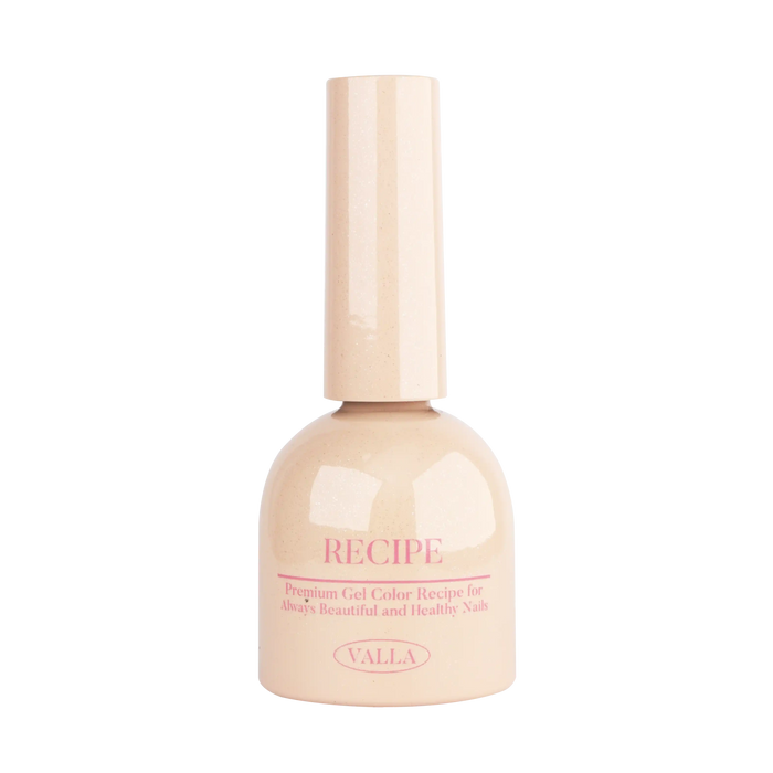 Elegant bottle of VALLA Byulling Byulling Collection nail gel polish in soft beige color with pink text, showcasing the innovative two-way glitter and magnetic cateye formula for versatile nail art designs. Premium Korean nail supply product for professional and at-home use.