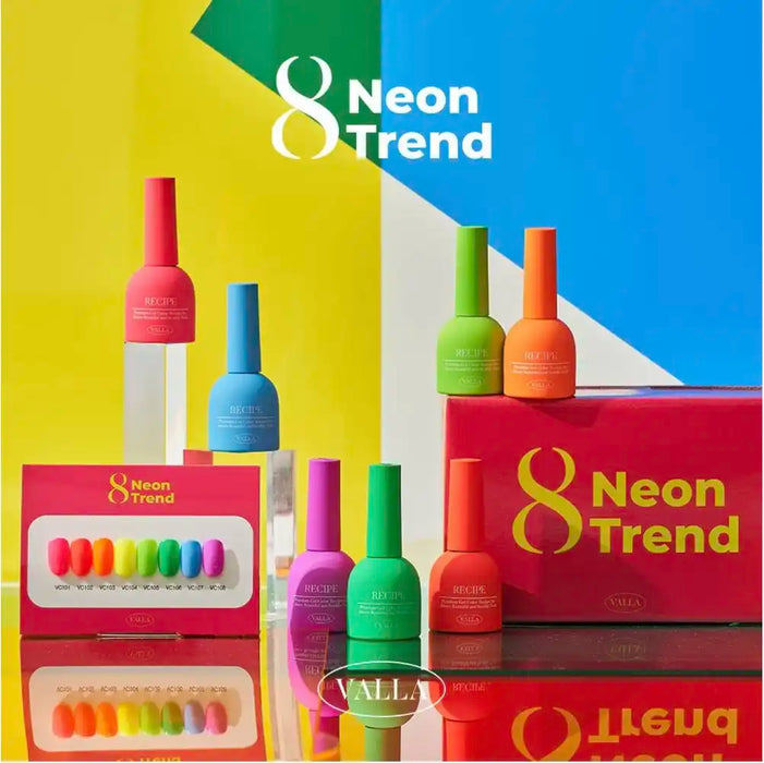 Vibrant, eye-catching neon nail polishes showcased against a bold, colorful backdrop, highlighting the 2024 Korean trend of daring, luminous nails. The VALLA Neon Trend collection offers a diverse range of shades, available in sets and single gels, allowing customers to embrace the captivating neon trend.