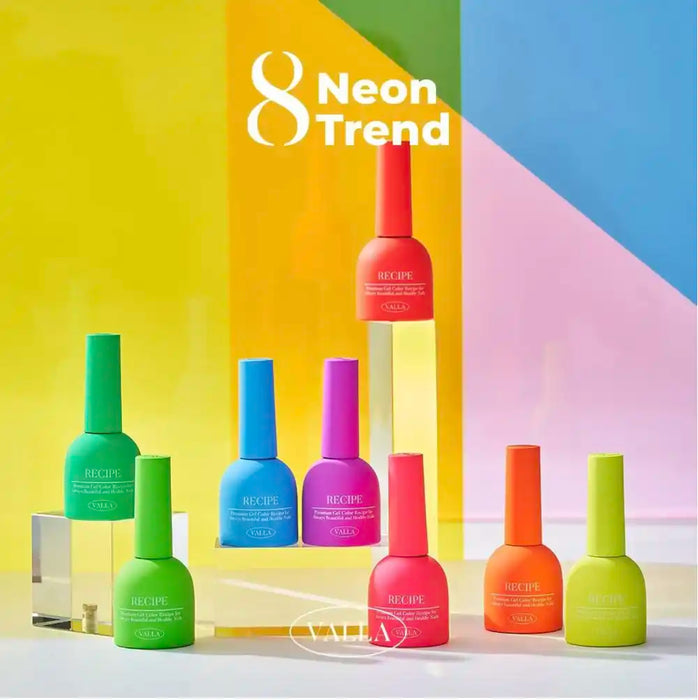 Image of a vibrant, colorful display showcasing the "VALLA Neon Trend Collection" featuring 8 neon-colored nail polish bottles. The products highlight the latest trend in Korea - neon nails, allowing users to dare to shine with the 10ml bottles that cure within 1-2 minutes under UV/LED light. The image prominently displays the brand name "VALLA" and the collection title "Neon Trend".