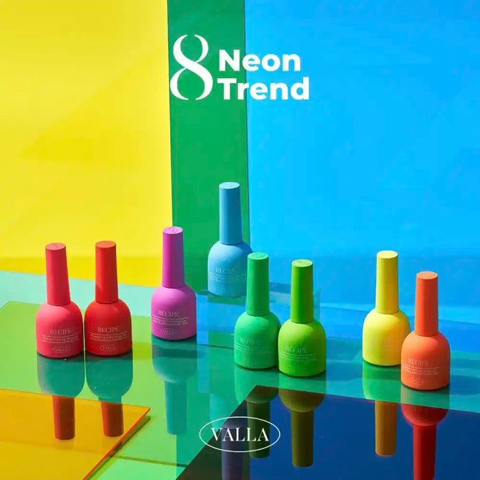 Vibrant neon nail polish bottles showcased on a reflective surface, representing the 2024 Korean nail trend of bright, eye-catching colors. The image highlights the VALLA Neon Trend collection, featuring 8 unique shades available in sets or individually. This product image captures the bold, trendy aesthetic of the VALLA brand, inviting customers to embrace the latest neon nail color craze.