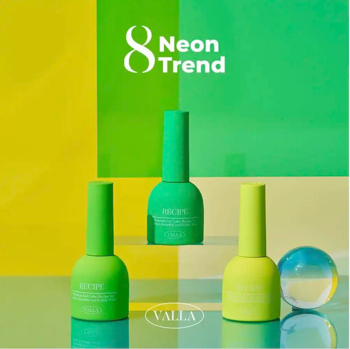 Vibrant, trendy neon nail gel collection showcasing the latest Korean fashion trend. Eight vivid shades in a compact set, offering a daring and eye-catching look for the modern, fashion-forward consumer. VALLA, the brand that captures the essence of this bold neon aesthetic, delivers a high-quality, long-lasting nail care experience.