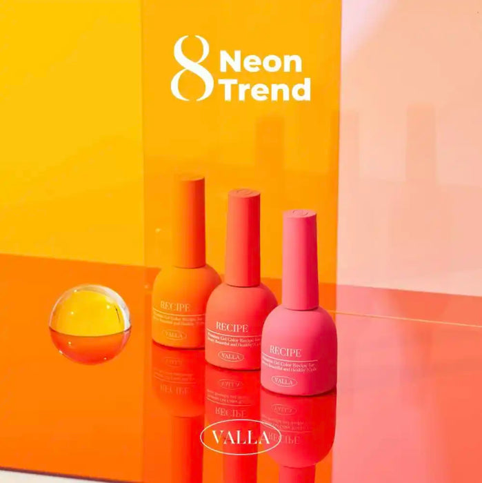 A vibrant display of neon-colored nail polish bottles and an orange globe, showcasing the 2024 Korean neon nail trend featured in the VALLA Neon Trend collection. The collection offers 8 vivid shades, available as a set or individually, with a quick 1-2 minute curing time under UV/LED light.