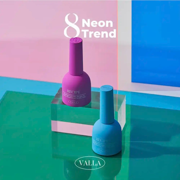 Eight vibrant neon nail polish bottles from the VALLA Neon Trend collection, featuring a bold purple and a striking blue color, displayed on a minimalist geometric backdrop in coordinating shades.