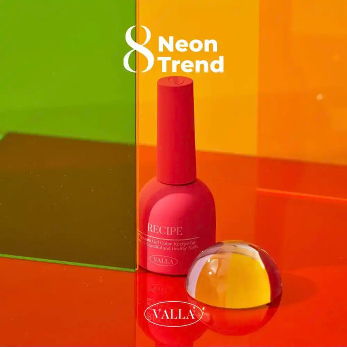 Vibrant and eye-catching image showcasing the VALLA Neon Trend collection of nail gels, featuring a striking red nail polish bottle and a shimmering, translucent gel product against a backdrop of neon orange and green. The bold, trendy colors and modern design effectively highlight the "2024 trend in Korea - neon nails" that this Shopify product aims to capture, inviting customers to "dare to shine" with the VALLA brand.