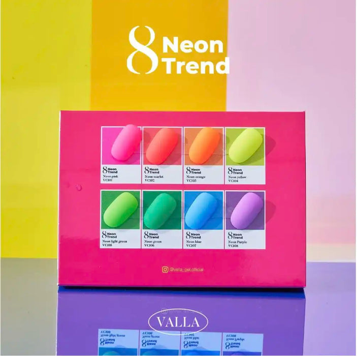 Vibrant array of 8 neon nail polish shades from the VALLA Neon Trend collection, showcasing the bold and captivating 2024 nail color trend popular in Korea. The product features a range of bright, eye-catching hues including vivid yellows, oranges, greens, blues, and purples, perfect for adding a touch of daring style and luminescence to any nail design.