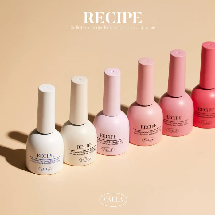 Delicate lineup of VALLA Pink Soup gel polish collection, showcasing a range of soft, harmonious pink hues with white accents, conveying a sense of culinary inspiration and a refreshing, nourishing aesthetic. The set includes 7 individual gel polishes, each presented in a sleek, minimalist packaging design that highlights the brand's focus on quality, formulation, and a unique, visually appealing color palette.