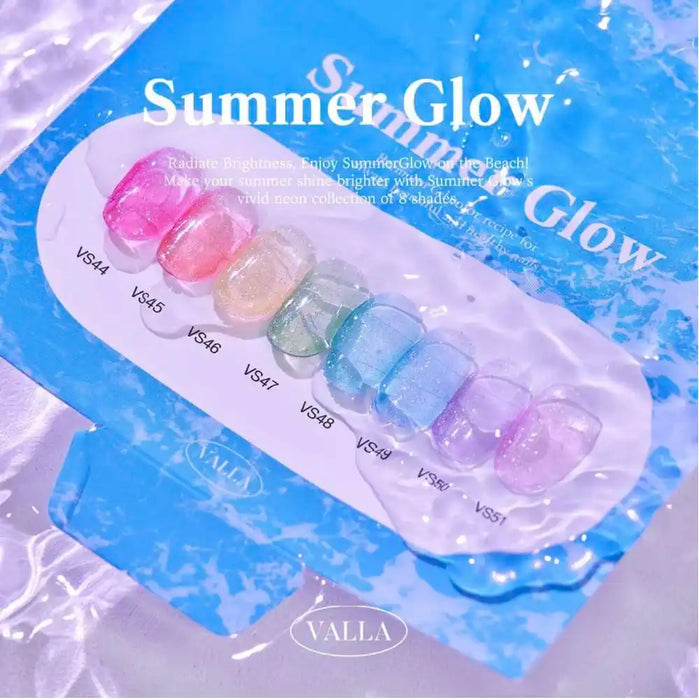 Vibrant and alluring neon gel bottles showcasing the captivating Valla Summer Glow collection, featuring a range of 8 shimmering hues that promise a radiant summer look when applied to nails. This versatile set allows for both individual and complete set purchases, catering to the diverse preferences of beauty enthusiasts.