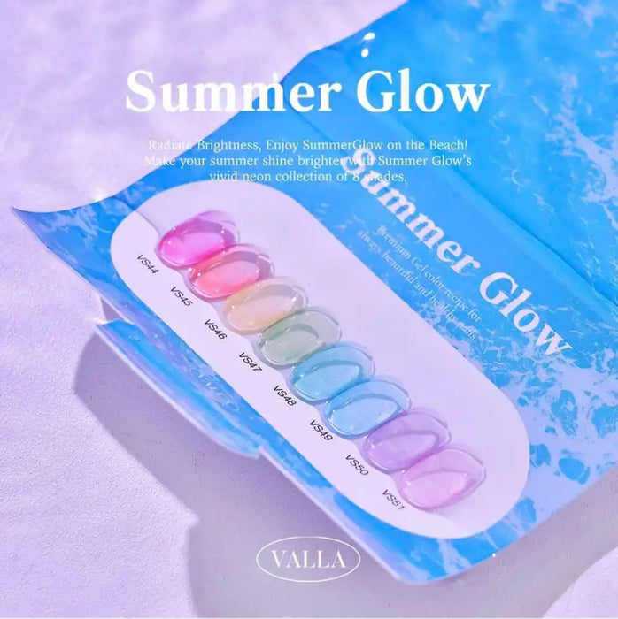 Vibrant and eye-catching neon syrup gels from the VALLA Summer Glow collection, featuring 8 vivid shades that offer a radiant, sun-kissed look. The gels are available in individual bottles or as a set, allowing for customized nail designs. Ideal for a summer beach-inspired aesthetic with their fast 1-2 minute UV/LED curing time.