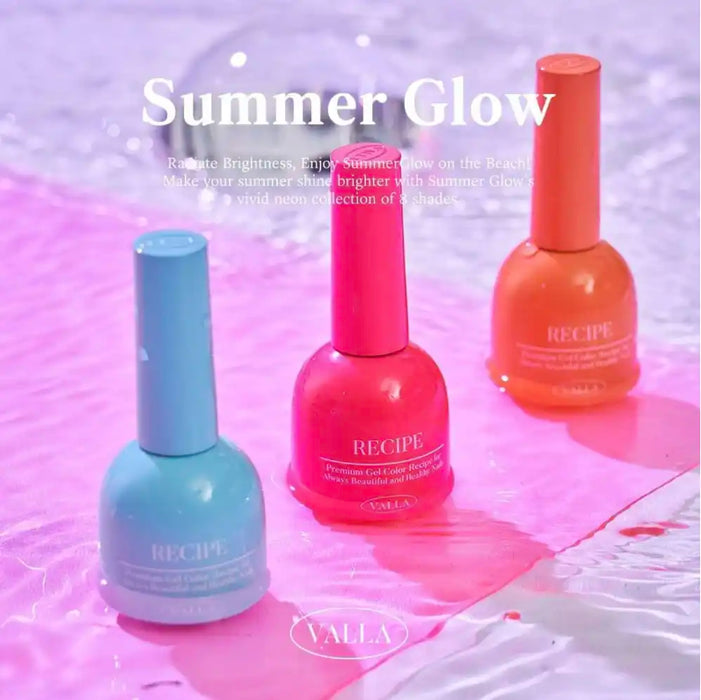 Neon nail polish bottles in vibrant summer colors, including a bright pink and an orange-red shade, alongside the "Summer Glow" collection title. The bottles feature the "VALLA" brand logo, highlighting the colorful and eye-catching nature of this nail polish line designed to capture the essence of summer.