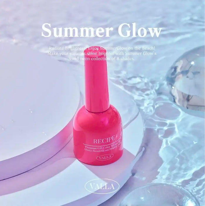 Vibrant and alluring, the "VALLA Summer Glow" nail polish collection radiates a captivating neon charm. The 8 vivid shades, housed in 10ml bottles, offer a luminous glow that evokes the energy and warmth of the summer season. This product invites users to embrace their inner summer spirit, captivating attention with its striking visuals and contemporary design. The quick 1-2 minute LED/UV curing time ensures a long-lasting, high-shine finish, cem