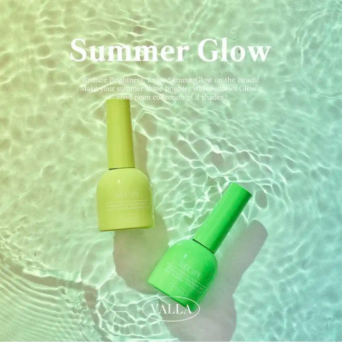 Vibrant neon-hued gels from the VALLA Summer Glow collection, immersed in the serene, shimmering waves of a sun-kissed beach backdrop. These syrupy gel polishes, available in a set or as single shades, offer a radiant, long-lasting manicure with a quick 1-2 minute UV/LED curing time.