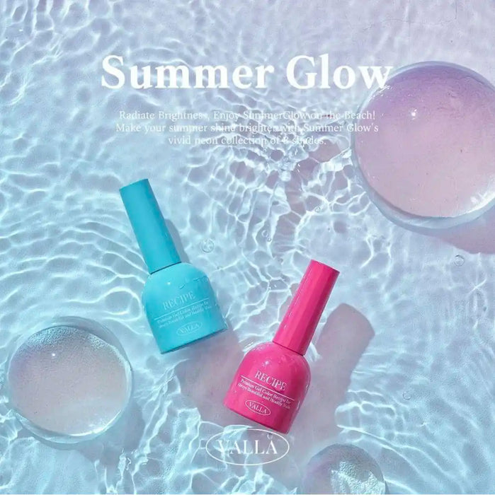 Vibrant neon nail polish bottles against a shimmering water backdrop, showcasing the "Valla Summer Glow" collection. The image highlights the vivid, radiant colors and the refreshing, summer-inspired aesthetic of this Shopify product line.