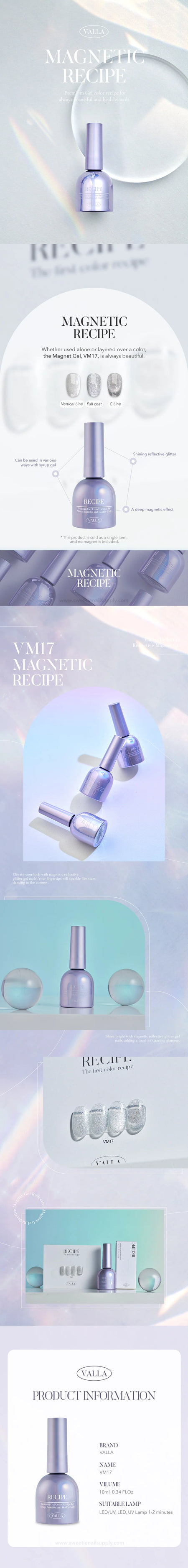 Elegant display of VALLA's Magnetic Recipe nail gel in a soft violet shade, featuring application methods and packaging design. Highlights the versatility of the product with effects when used alone or over another color, demonstrated with close-up images of the bottle and brushed effect.