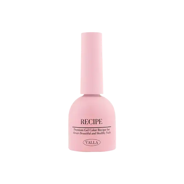 A vibrant pink nail polish bottle with the VALLA brand name prominently displayed, along with the product description "RECIPE" which suggests a gel polish collection. The bottle has a classic and sophisticated design, making it an appealing addition to any Shopify product page showcasing the VALLA Pink Soup Collection.