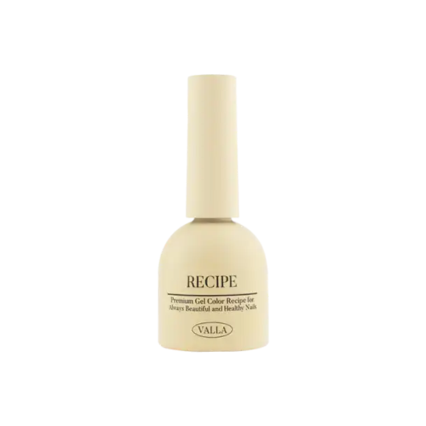 VALLA Recipe premium gel color bottle in soft beige with black text, featuring a wide base and slender neck design. Professional nail polish for beautiful and healthy nails, part of the Camembert Cheese Collection syrup gel polish set.