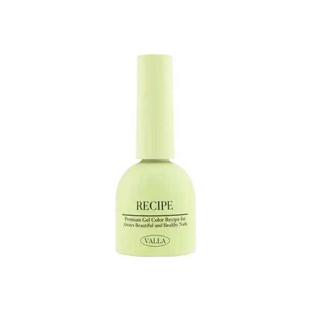 Pale green VALLA Recipe nail polish bottle featuring premium gel color for beautiful and healthy nails, part of the Camembert Cheese Collection syrup gel polish set, available in 10ml volume for professional manicure results