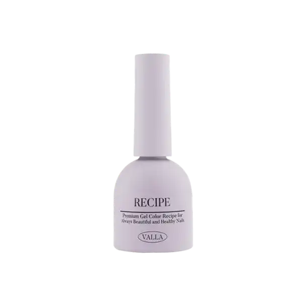 VALLA Camembert Cheese Collection gel polish bottle in soft lavender color, featuring 'RECIPE' label and brand logo. Premium gel color for long-lasting, glossy nails. Part of a 7-piece syrup gel polish set, each bottle containing 10ml of product. Elegant and professional nail care solution.