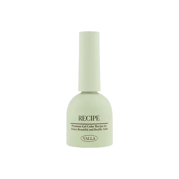 VALLA Recipe gel polish bottle in pale mint green, featuring a rounded base and cylindrical top. The label showcases the brand name and product description, emphasizing premium quality and beautiful results for nails.