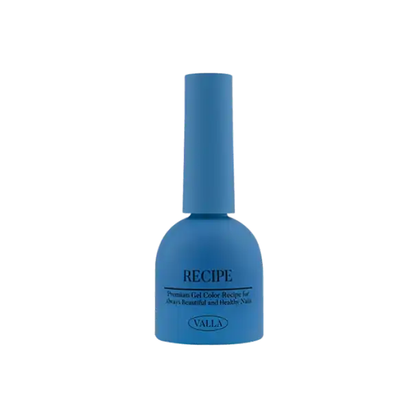 Vibrant blue VALLA gel polish bottle from the Color Palette I Collection, featuring an Autumn-inspired shade. Part of an eight-piece set of earthy, natural gel polishes, perfect for creating seasonal nail art designs. Premium quality 10ml bottle for long-lasting, beautiful manicures.