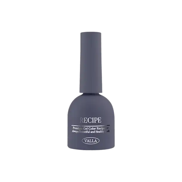 VALLA Recipe gel polish bottle in matte gray, featuring a sleek cylindrical design with a rounded cap. The label displays the brand name and product details in white text, representing a high-quality nail color from the Autumn-themed Color Palette I Collection.