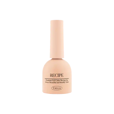 Elegant peach-colored nail gel polish bottle from VALLA's Color Palette II Collection, featuring a sleek design and 'Recipe' label, perfect for creating autumn-inspired manicures with premium quality and long-lasting wear