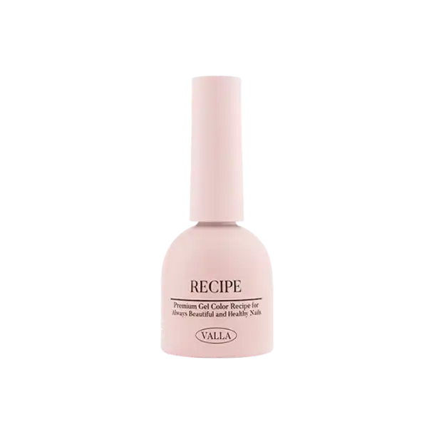 VALLA Recipe Premium Gel Color bottle in soft pink, part of the Autumn-themed Color Palette II Collection. Elegant cylindrical bottle with a long neck and rounded base, featuring black text and the VALLA logo.