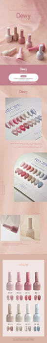 A collection of pink and white nail polish bottles and color swatches showcasing the VALLA Dewy Collection. The image highlights the silky smooth, cat-eye effect of these magnetic gel polishes, available in a full set of 8 shades plus a magnet and color chart. The product details emphasize the high quality, trendy design, and convenient application with a 1-2 minute cure time under UV/LED lights.