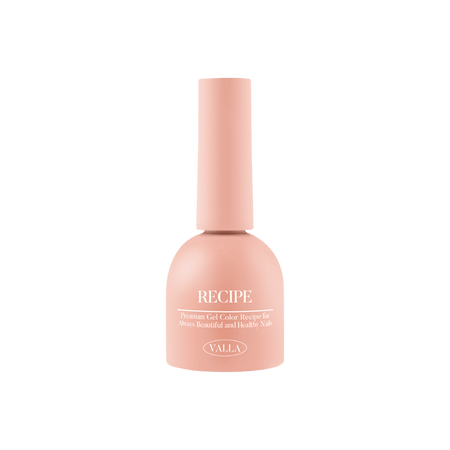 Elegant and vibrant solid gel polish bottle featuring the VALLA brand name and "Recipe" product description. The bottle's pastel peach color exudes a modern, minimalist aesthetic, highlighting the brand's commitment to high-quality, long-lasting nail care solutions. This image showcases the versatile and sophisticated nature of the VALLA Solid 100 Non-Wipe Color Collection, appealing to fashion-conscious consumers seeking a premium nail care expe