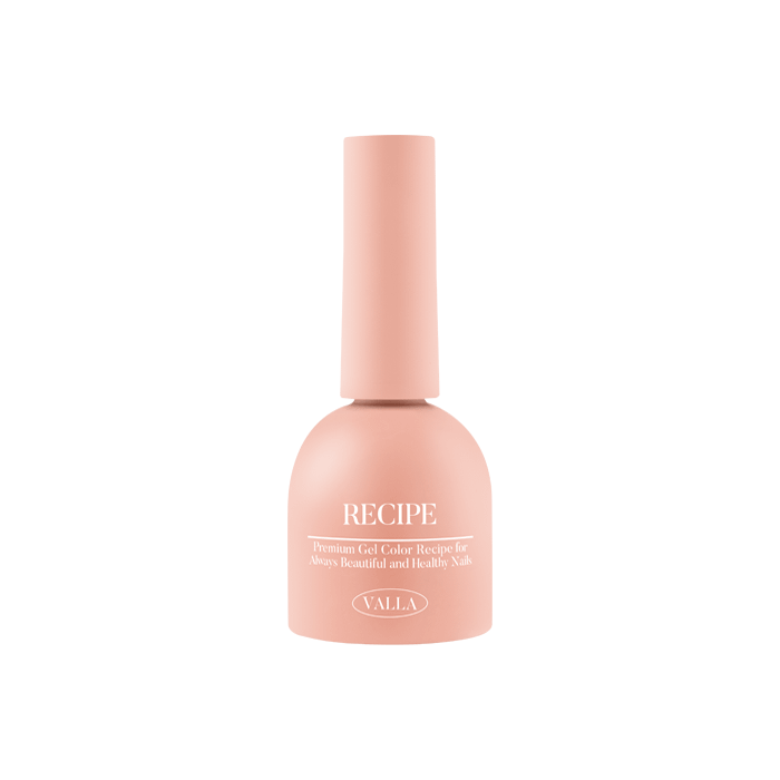 Elegant and vibrant solid gel polish bottle featuring the VALLA brand name and "Recipe" product description. The bottle's pastel peach color exudes a modern, minimalist aesthetic, highlighting the brand's commitment to high-quality, long-lasting nail care solutions. This image showcases the versatile and sophisticated nature of the VALLA Solid 100 Non-Wipe Color Collection, appealing to fashion-conscious consumers seeking a premium nail care expe