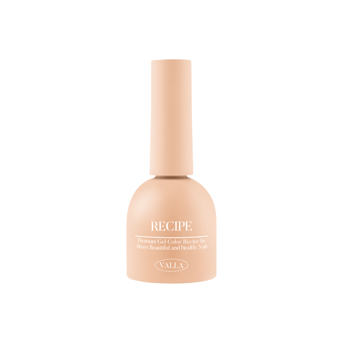 A single bottle of VALLA's Solid 100 Non-Wipe Color Collection, showcasing a smooth and vivid gel polish in a neutral, peach-toned shade. The bottle features the VALLA brand name and the product title "Recipe", hinting at the carefully curated formula and color palette of this high-quality gel polish collection.