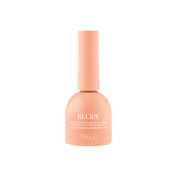 Vibrant and vivid VALLA Solid 100 Non-Wipe Color Collection (Single Gels) product image showcases a bottle of the brand's expertly crafted gel polish in a soft peach shade, with the "RECIPE" label prominently displayed, highlighting the unique formulation and long-lasting, non-wipe finish promised by this premium cosmetic brand.