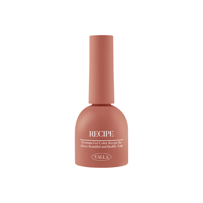 Colorful and visually appealing gel polish bottle from the VALLA Solid 100 Non-Wipe Color Collection, showcasing a rich and vivid coral-pink shade. The bottle design features the VALLA brand name and "Recipe" product title, highlighting the carefully curated colors and smooth, one-coat coverage of this professional-grade nail polish line.