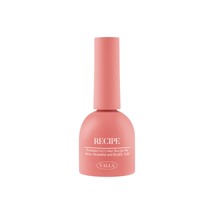 Alt text: A premium gel color polish bottle from the VALLA Solid 100 Non-Wipe Color Collection, featuring a vibrant coral pink hue with the "Recipe" label prominently displayed. The bottle has a sleek, minimalist design and a smooth, non-wipe finish, offering a smooth and vivid application in a single coat.