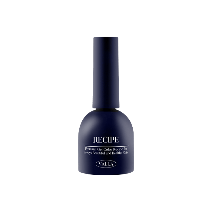 A bottle of VALLA Solid 100 Non-Wipe Color Collection (Single Gels) featuring the brand's signature navy blue packaging. The bottle showcases the "RECIPE" label, highlighting the product's carefully crafted, high-quality color gel formula. This image serves as a detailed visual representation of the Shopify product, providing potential customers with a clear understanding of the VALLA brand and the desired nail polish item.