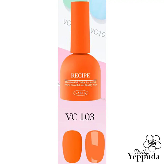 Vibrant orange nail polish bottle from Valla's Neon Trend collection, showcasing the VC103 shade. The bottle features the Valla brand name and "Recipe" text, indicating a long-lasting, gel-like formula that cures quickly under UV/LED light for a bold, neon-inspired manicure.