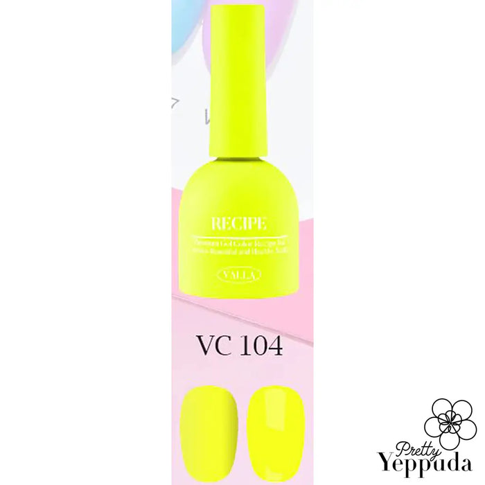 Vibrant neon yellow nail polish bottle from VALLA's Neon Trend collection, showcasing the VC104 shade. The product is part of a 8-piece set, offering a daring and shimmering nail look that aligns with the latest Korean beauty trends. The formula cures quickly under UV or LED light, providing a long-lasting and eye-catching manicure experience.