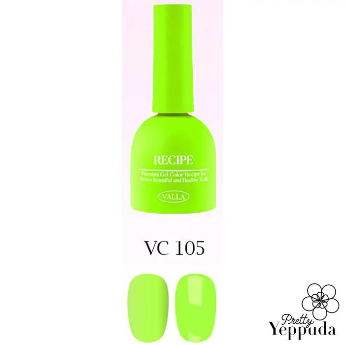 Vibrant neon green nail polish from the VALLA Neon Trend Collection, featuring a sleek bottle design and a long-lasting formula that dries quickly under UV/LED light. The product is part of the trendsetting "VC105" shade, offering a bold and luminous look for fashion-forward nails.