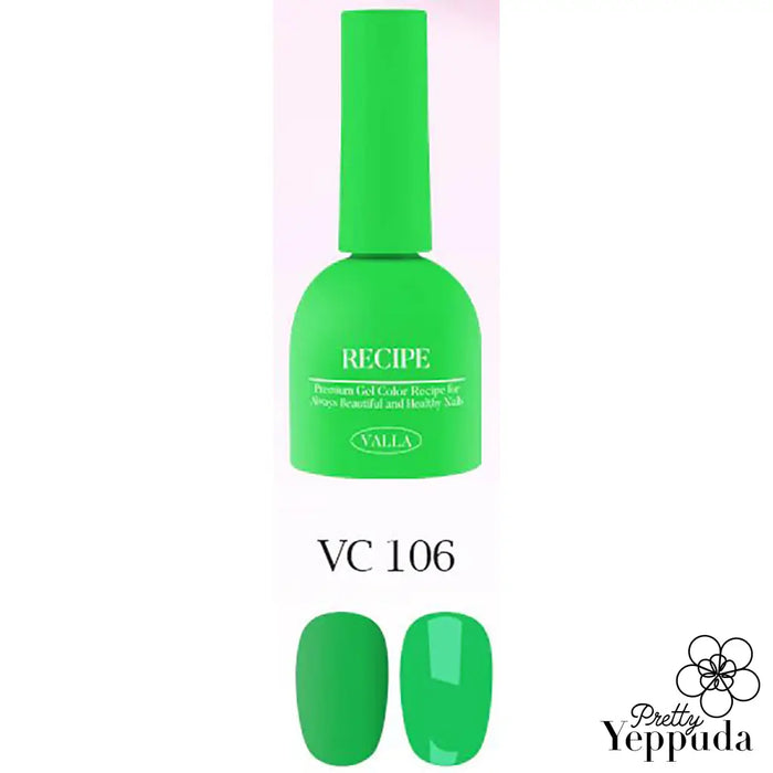 Vibrant neon green nail polish from the Valla Trend Collection, showcasing the latest Korean beauty craze. The bottle prominently displays the product code VC 106, making it easy for customers to identify and select the desired shade. This striking nail lacquer embodies the bold, eye-catching aesthetic of the 2024 neon nail trend, empowering users to confidently flaunt their unique style.