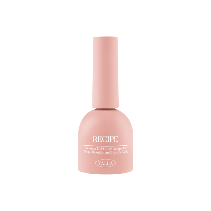 A photo of a single pink-colored gel nail polish bottle from the VALLA Solid 100 Non-Wipe Color Collection. The bottle has a minimalist design with the word "RECIPE" prominently displayed. This high-quality, long-lasting gel polish offers a smooth, vivid application with single-coat coverage. It is part of VALLA's comprehensive range of carefully curated colors, providing a durable, non-wipe finish for the ultimate in nail care and style.